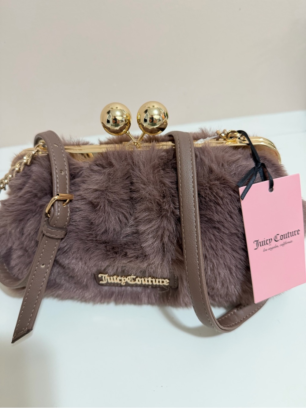 Juicy Couture Taupe Faux Fur Mini Kiss-Lock Crossbody with Gold Hardware